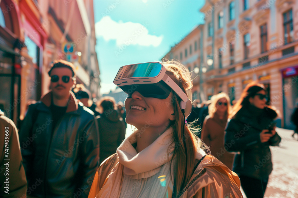 Group of people of different races using virtual reality glasses on the street on a sunny day