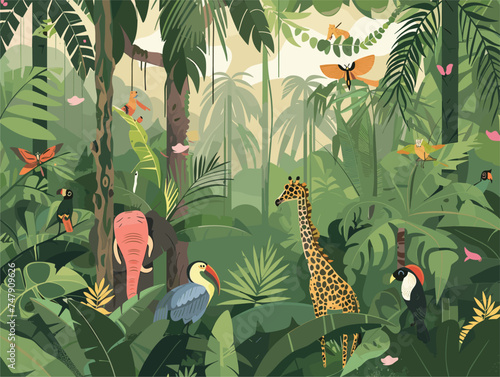 A vibrant painting depicting a lush jungle teeming with diverse wildlife such as exotic animals, colorful flowers, and towering trees, creating a rich and dynamic landscape filled with life