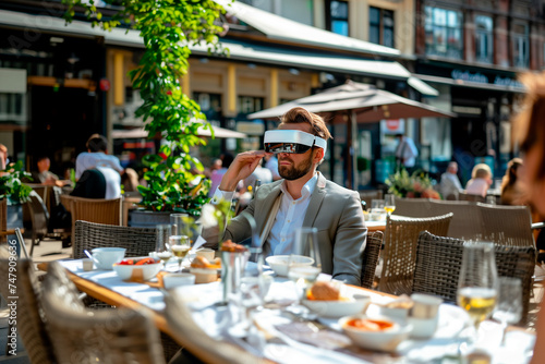 Businessman wearing virtual reality glasses sitting in a restaurant terrace © Carlos