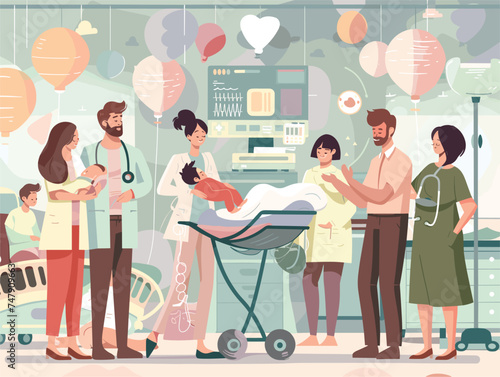 A group of people wearing hospital uniforms are gathered around a baby in the hospital bed, capturing a snapshot of this happy sharing event