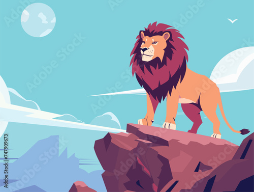 A Felidae Masai lion, a species of big cat and carnivore, is standing on a rock. The cartoon lion with its fangs is depicted in a painting, showcasing this terrestrial animal in art