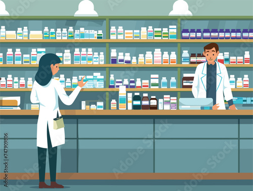 A customer and a retail assistant are at the pharmacy counter discussing products on the shelf. The convenience store uses technology like display devices for efficient service