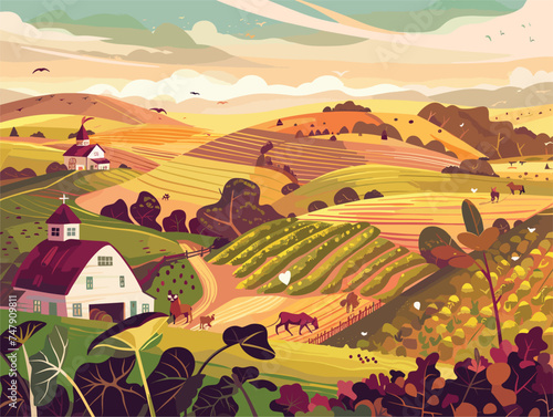 A beautiful painting depicting a farm on a highland with a barn, horses, lush green grass, and big fluffy clouds in the natural landscape