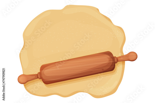 Wooden rolling pin with dough and flour handle culinary equipment isolated on white background. Wood textured roller, utensil, baker recipe.