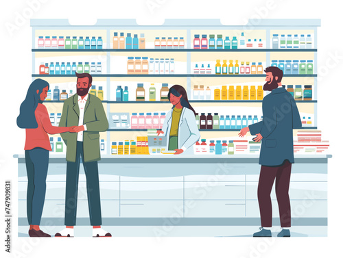 A man and a woman are discussing products with a pharmacist in a pharmacy. They are looking at items on shelves for their leisure and travel needs