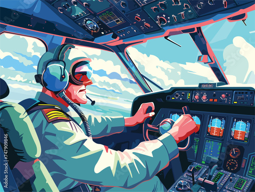 A pilot wearing goggles is gesturing towards the flight instruments in the cockpit of an aircraft, ready for air travel in the world of aviation