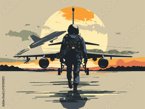 An illustration of a pilot walking towards a military aircraft manufactured by an aerospace manufacturer, with the wheel treads visible on the tires as it sits by the water