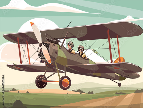 A photograph of a biplane flying over a field, showcasing the propellerdriven aircraft and wheels of the vintage vehicle manufactured by an aerospace manufacturer