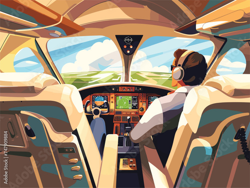 A pilot is shown in the cockpit of an airplane, featuring an automotive design with steering wheel and mirrors. This vehicle is a mode of transport for air travel and leisure recreation