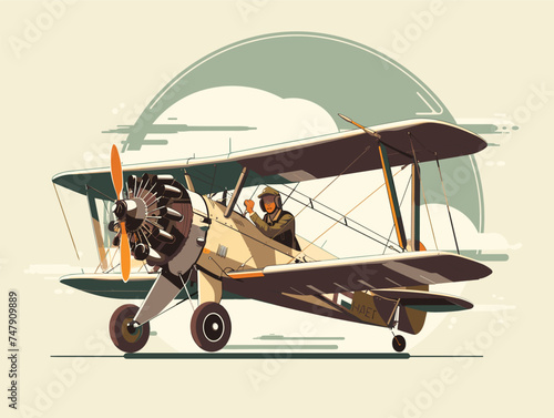 A man is piloting a propellerdriven aircraft with a spinning propeller and wheels, manufactured by an aerospace manufacturer, flying through the sky