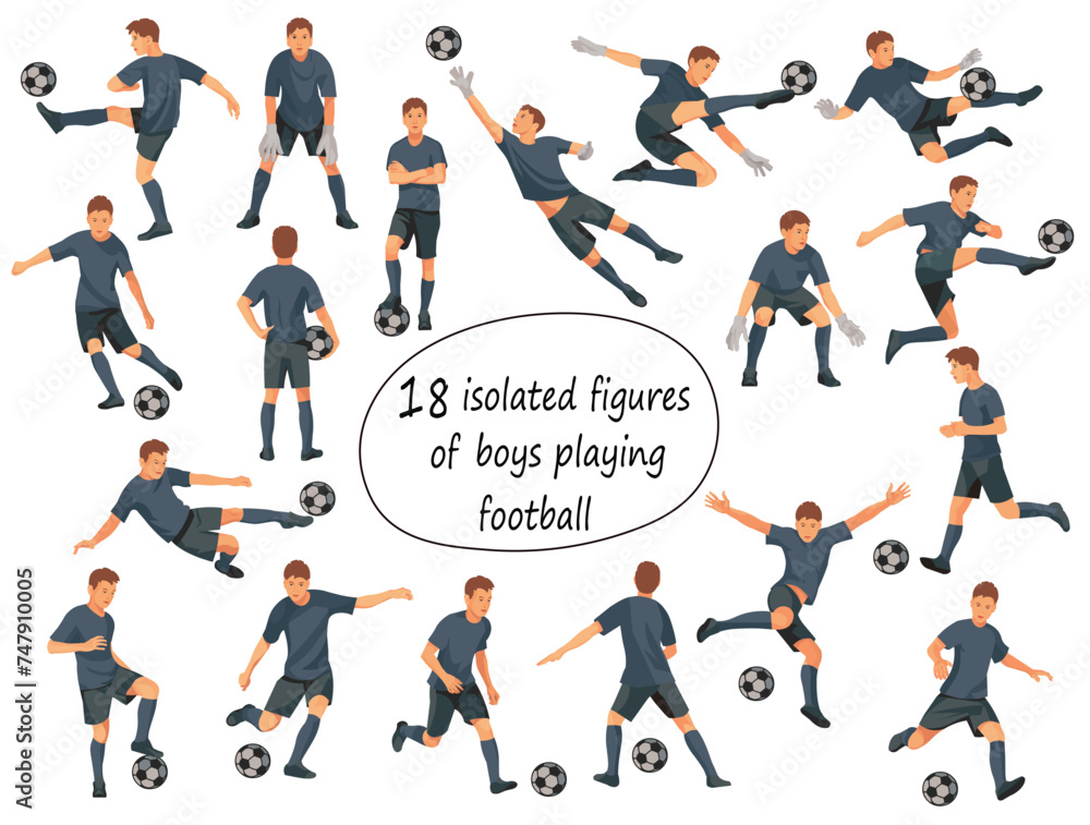 18 isolated figures of junior football players team in black uniforms standing in the goal, running, hitting the ball, jumping