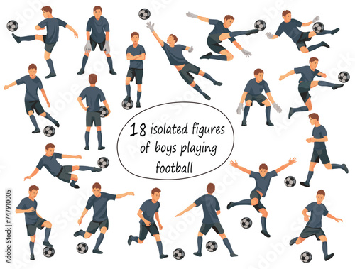18 isolated figures of junior football players team in black uniforms standing in the goal, running, hitting the ball, jumping