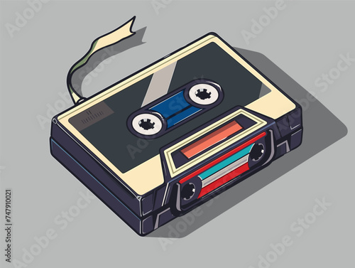 A cartoon drawing of a compact cassette tape with a yellow ribbon, designed as automotive lighting on the hood or bumper of a motor vehicle. An electronic gadget inspired by automotive design