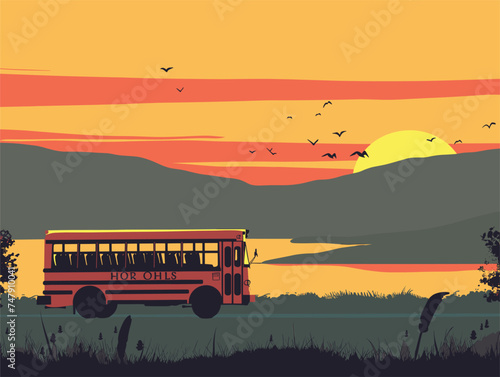A bus is traveling through a grassy field at sunset, with the orange afterglow lighting up the sky. The vehicle is surrounded by the picturesque dusk scenery