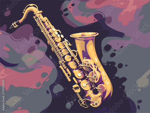 A vibrant painting featuring a saxophone as the focal point, showcasing the fusion of music and art with its colorful background and intricate patterns