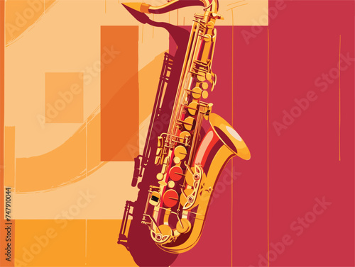 An orange saxophone, a brass wind instrument, is elegantly depicted on a red background. The illustration captures the beauty and charm of music, perfect for any saxophonist or music lover