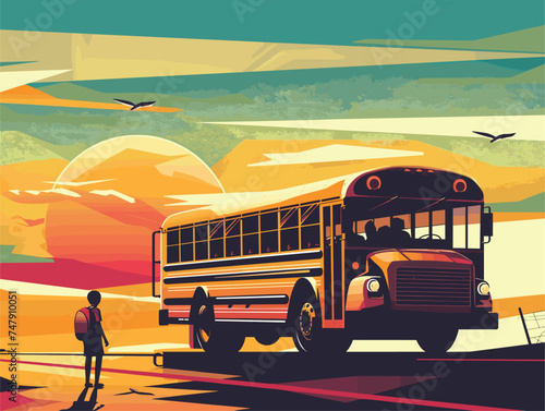 A school bus, a type of land vehicle, is a public transportation mode typically used to transport students. In the illustration, a boy is standing in front of the vehicle holding his backpack photo