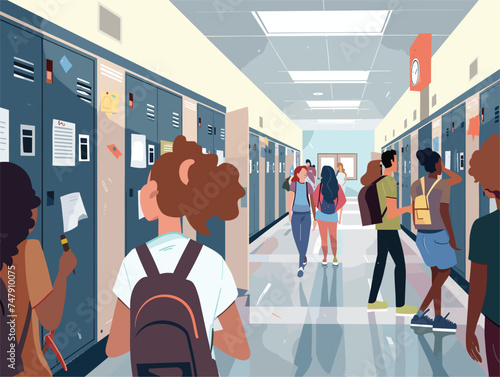 A group of students strolling down the school hallway admiring the artwork on the walls. The urban design of the building facade adds to the leisurely atmosphere