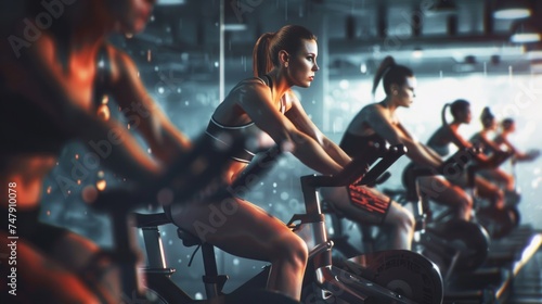 Dynamic spin class with individuals on stationary bikes in a modern fitness studio.