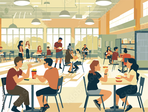 A group of individuals are seated at tables in a cafeteria, enjoying their leisure time in the interior design of the building. Children are also present, adding a lively element to the event