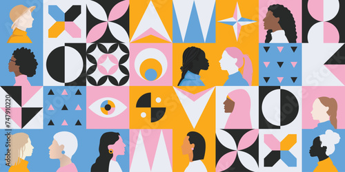 women female diversity inclusion background, illustration of abstract women from different cultures ethnicities and age, concept of international women' s day banner