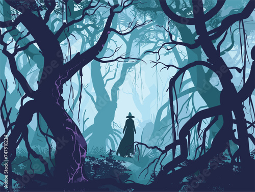 A man in a hat stands amidst the towering trees and twisted branches of a dark forest. The natural landscape is filled with electric blue hues as the sky blends with the artistry of the surroundings