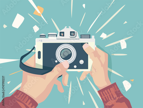 The person is capturing a moment with an old camera, their hand carefully adjusting settings while their fingers delicately press the shutter button
