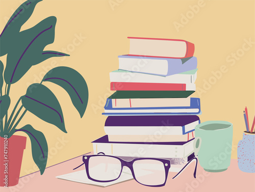 A stack of books and glasses rest on a table beside a houseplant. The rectangle glasses suggest good vision care while the flowerpot adds a touch of nature
