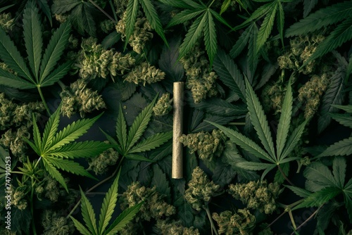 A rolled cannabis joint lies among a lush spread of cannabis leaves and buds on a dark background