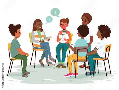 The group is gathered around a table, sitting in chairs and sharing ideas. Its like an organism of conversation and art, adapting and leisurely illustrating their thoughts