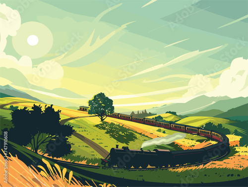 A train is passing through a picturesque ecoregion filled with lush green vegetation, where the sky is painted with fluffy clouds and the land is covered in a carpet of grass and trees