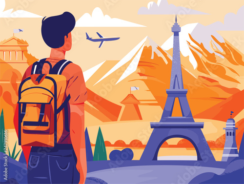 A man with a backpack is admiring the worldfamous Eiffel Tower and majestic mountains, his gesture resembling a painting or cartoon with orange hues
