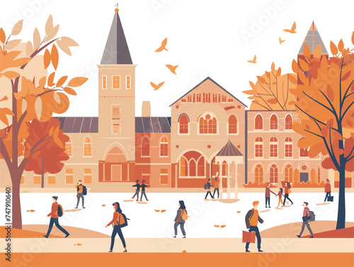 A group of people leisurely strolling in front of a landmark building on a college campus, surrounded by trees and a clear sky. The scene resembles a painting in a public space