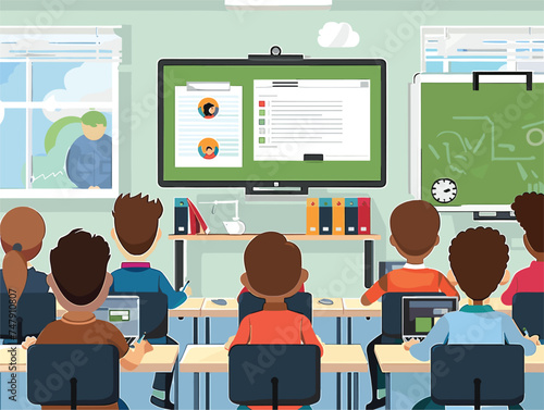 A group of children are seated around green tables, sharing chairs while watching a presentation by their teacher in a classroom