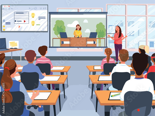 A woman is lecturing students at an academic institution, surrounded by tables and chairs. Her presentation is on leisure and yellow is the dominant color in the classroom