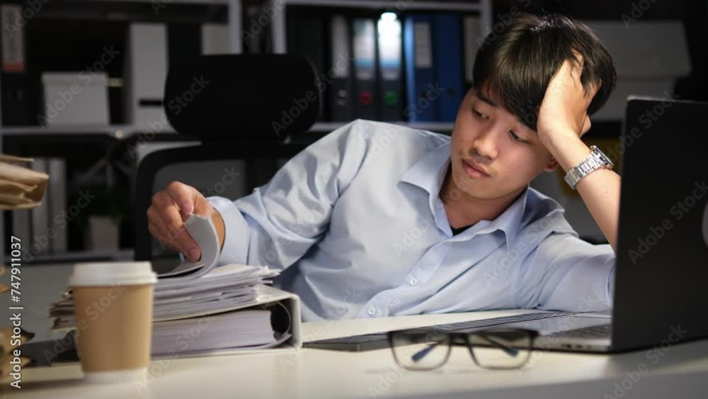 Exhausted Asian young businessman worker working on table in office. Exhausted Asian young businessman worker working on table in office.