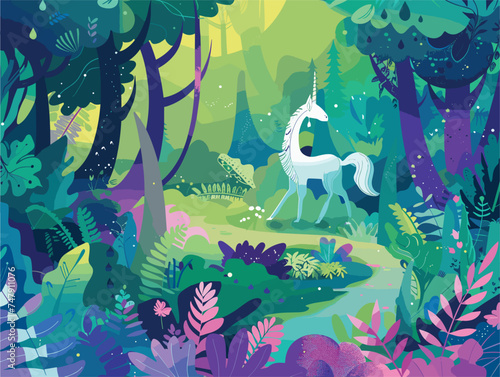 A mystical unicorn gracefully trots through a vibrant, verdant forest teeming with plant life and lush vegetation, creating a beautiful scene reminiscent of a painting in nature
