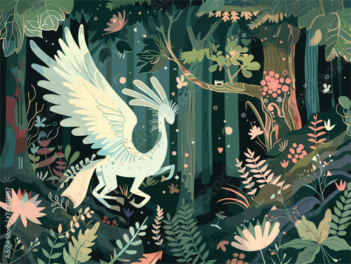 A beautiful painting of a winged horse gracefully flying among the greenery of a forest, surrounded by vibrant plants and flowers, showcasing the artists creative use of feathers and wings