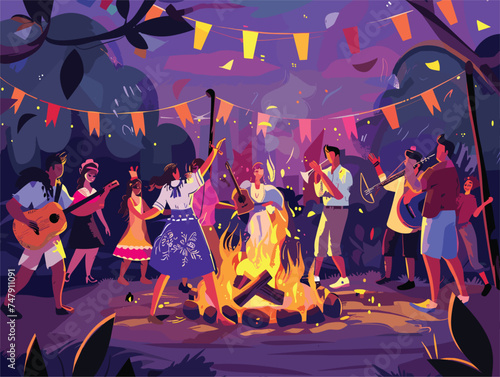 A group of people in purple dresses are joyfully dancing around a campfire, enjoying the entertainment of performing arts. The artists choreography creates a fun and leisurely atmosphere