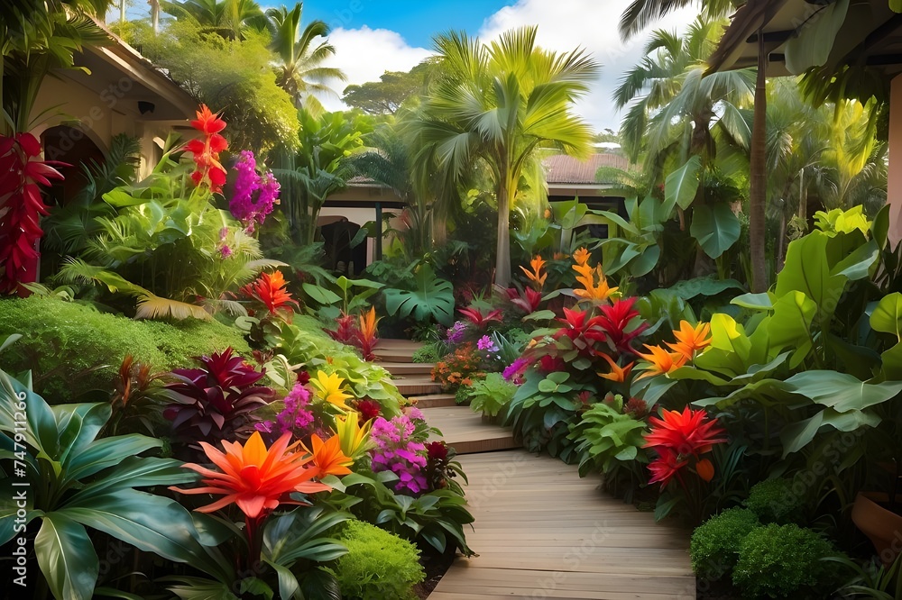 A lush, tropical paradise filled with vibrant plants and flowers of all shapes and sizes, each one more unique and colorful than the last.