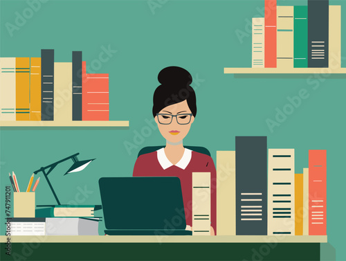 A whitecollar worker is seated at a desk using a laptop computer, a type of personal computer with an output device called a computer monitor displaying digital art using different fonts
