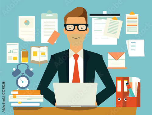 A whitecollar worker in a suit and tie is seated at a desk using a laptop, focusing on his job tasks in the vision care technology product sector