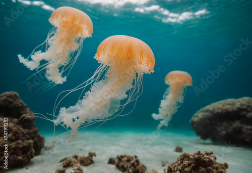 Group of Jellyfish Swimming in the Ocean their translucent bodies glowing under the sunlight.