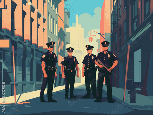 A group of police officers in military uniforms stand guard on a city street, providing security and maintaining order in the bustling urban environment