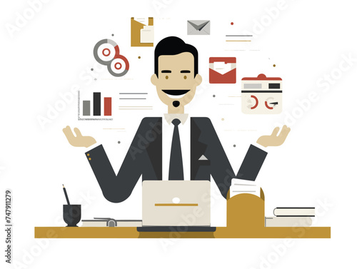 A whitecollar worker in a suit and tie is smiling while sitting in front of a laptop computer, with diagrams displayed on screen. He is wearing eyewear and gesturing towards the screen
