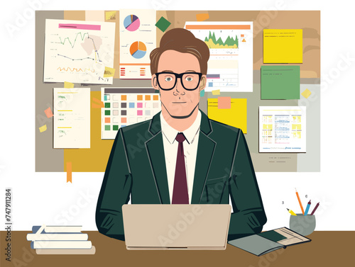 A whitecollar worker in a suit and tie is sitting at a desk in a room wearing glasses while using a laptop computer to work on an art project or complete a jobrelated task