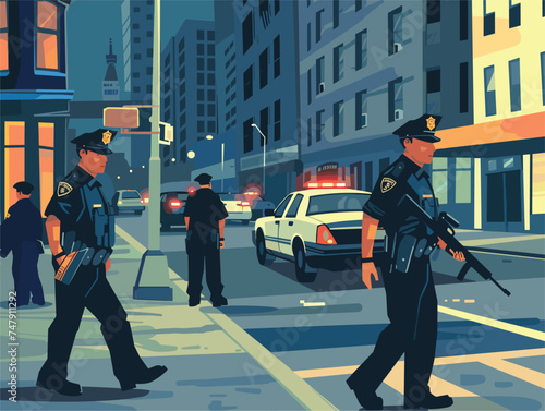 A group of security officers in headgear is walking down the city street, inspecting infrastructure and standing near a building. They gesture towards a car and window of a vehicle
