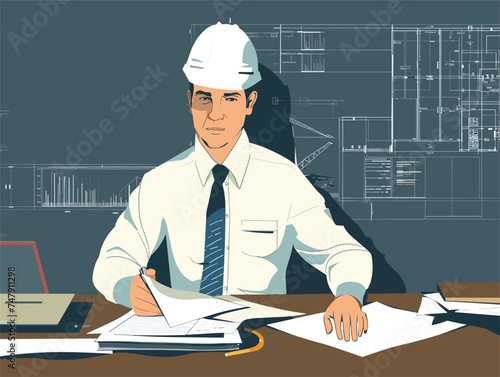 A whitecollar worker is sitting at a desk wearing a tie and helmet. He is ready for his job at the event while his cap rests on the table