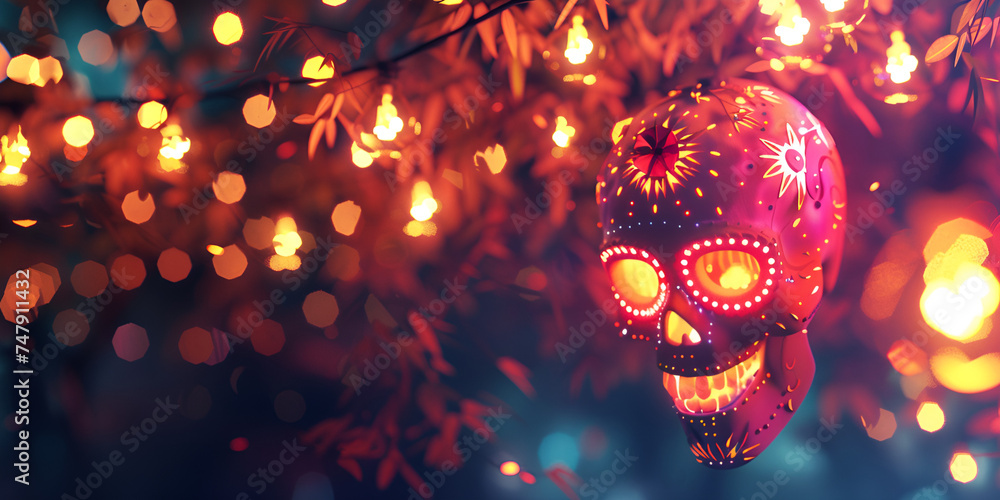Brightly colored sugar skull surrounded by flowers and leaves generative ai
 - obrazy, fototapety, plakaty 