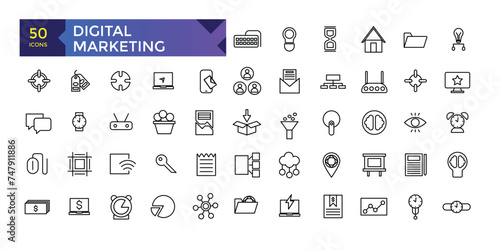 Digital Marketing web icons in line style. Social, networks, feedback, communication, marketing, ecommerce.